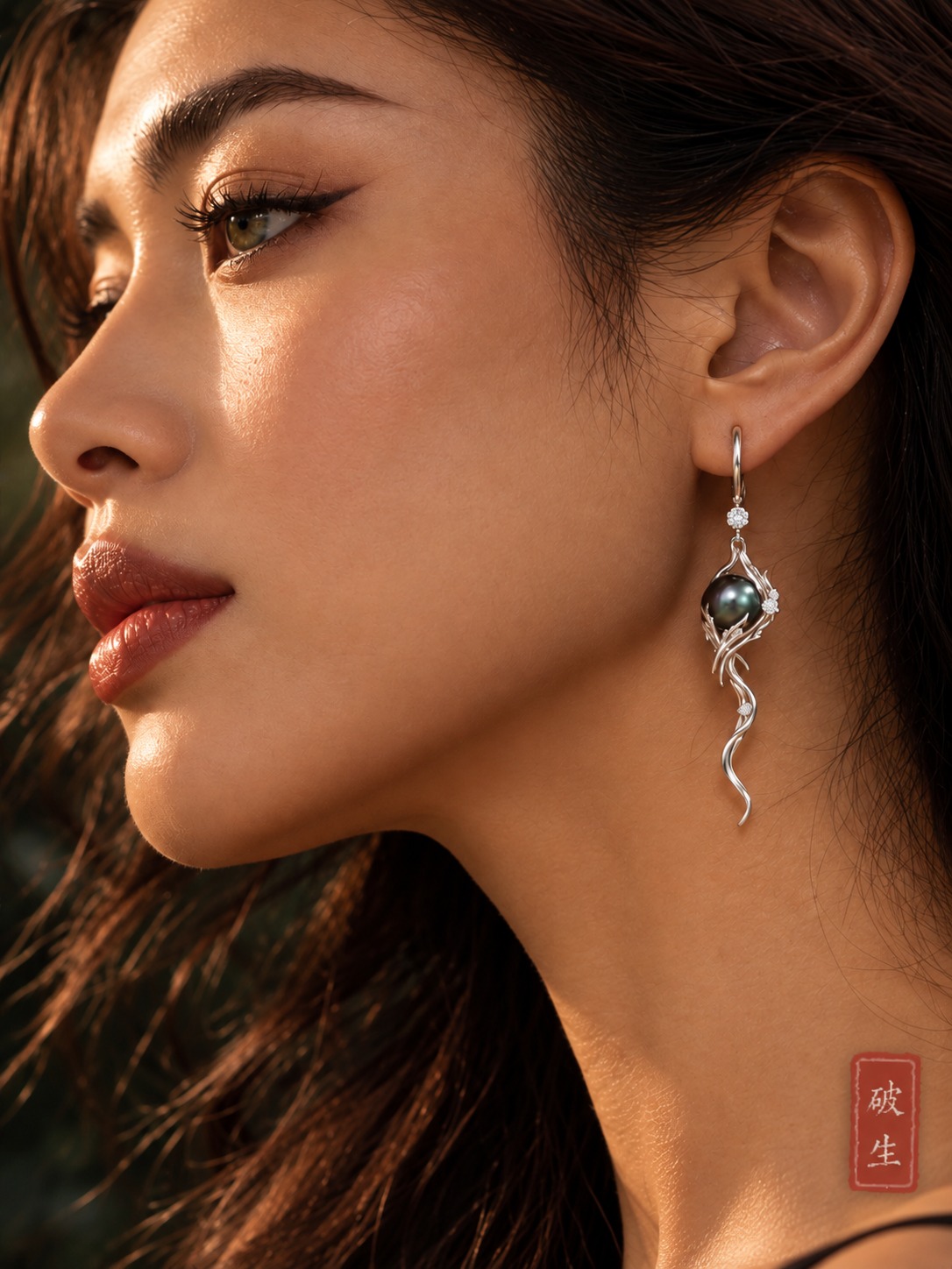 Miss Gorune, the creative persona behind GORUNE, in profile, wearing the 破·生 / Emergence earring — a dragon form in white gold wrapping a dark green freshwater button pearl, with the 破·生 seal